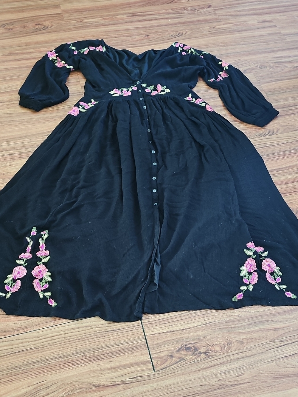 Black Floral Embroidered Long Sleeve Button-Front Dress